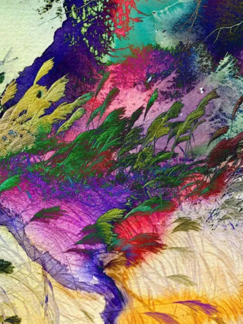 Color Surge: Sweeping strokes of violet, magenta, red and gold rising across the canvas