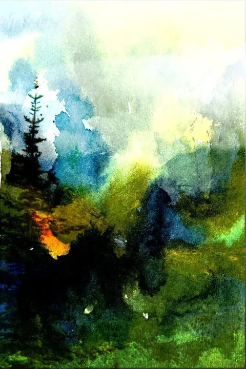 Dark pines against a glowing yellow-green watercolor sky