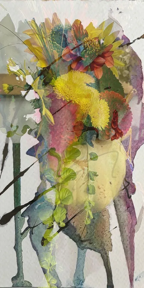 Soft yellow chrysanthemums fading into pale gray stripes