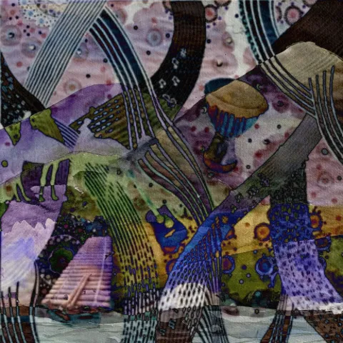 Curving striped and dotted textile shapes in violet, gold and charcoal