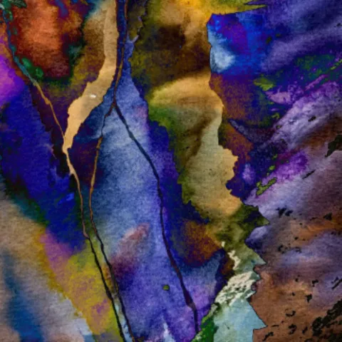Torn shapes of violet, ochre and deep blue meeting along a jagged gold seam