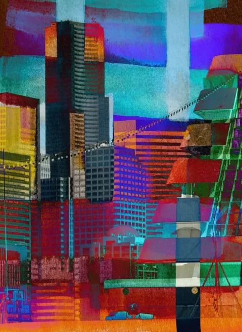 City towers broken into glowing panels of orange, magenta and teal
