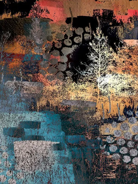 Layered blocks of teal and rust with dotted patterns and a white tree silhouette against an orange sky
