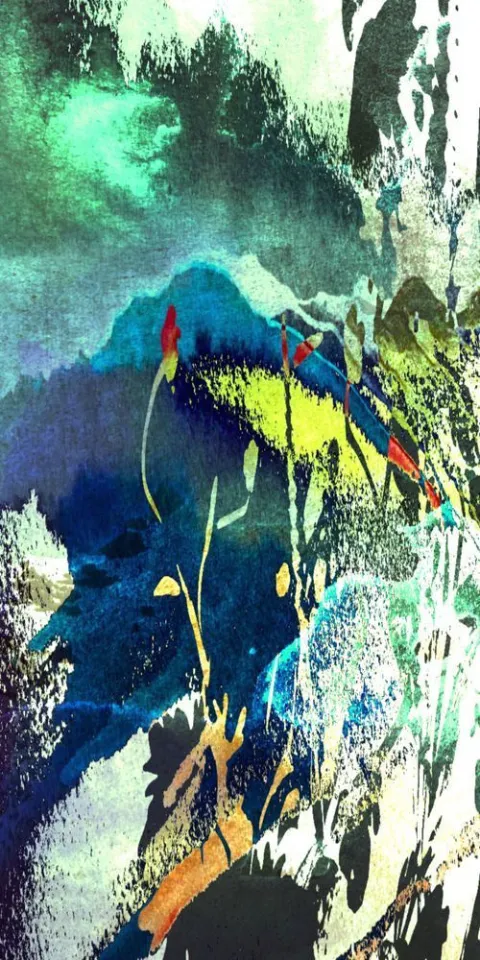 A yellow bird among teal leaves on a pale, soft-edged ground