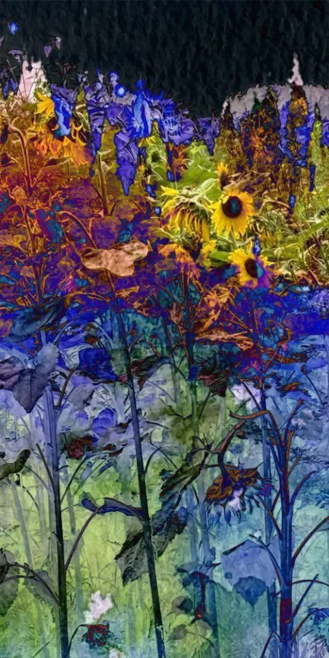 Golden sunflowers among deep blue and violet stems