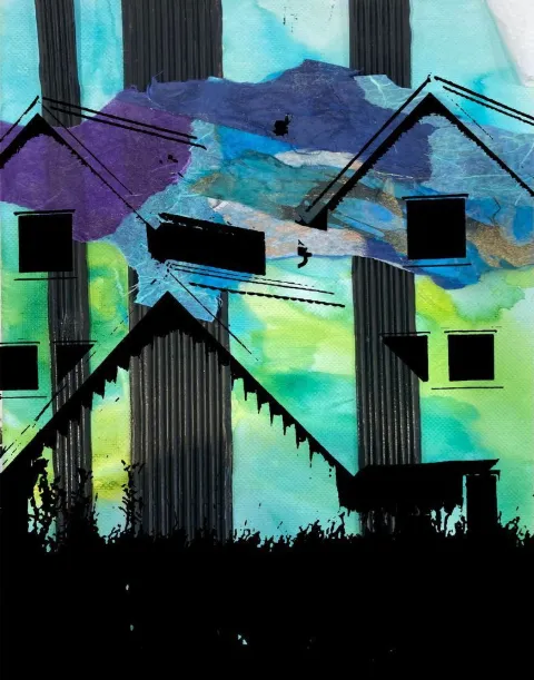 Black gabled house silhouettes against bright turquoise and green washes