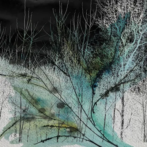 Bare branches and pale grasses dissolving into a misty gray-green ground