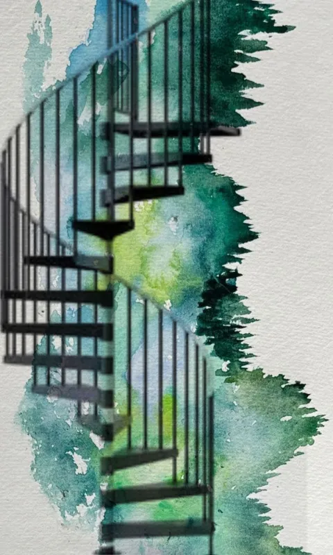 A spiral staircase rising through soft green and gray watercolor washes